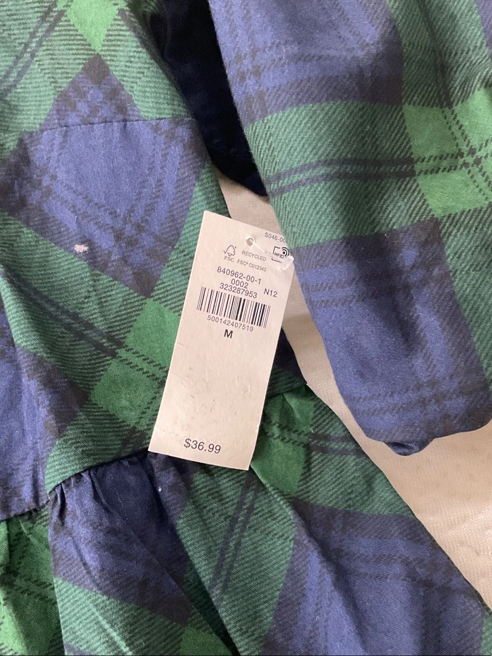 Girls' Green and Navy Plaid Peplum Top with Puff Sleeves